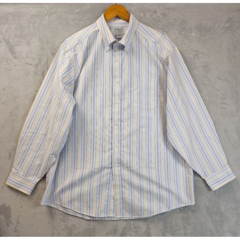 LL Bean Shirt Mens XL 17 Oxford White Blue Yellow Striped Traditional Fit